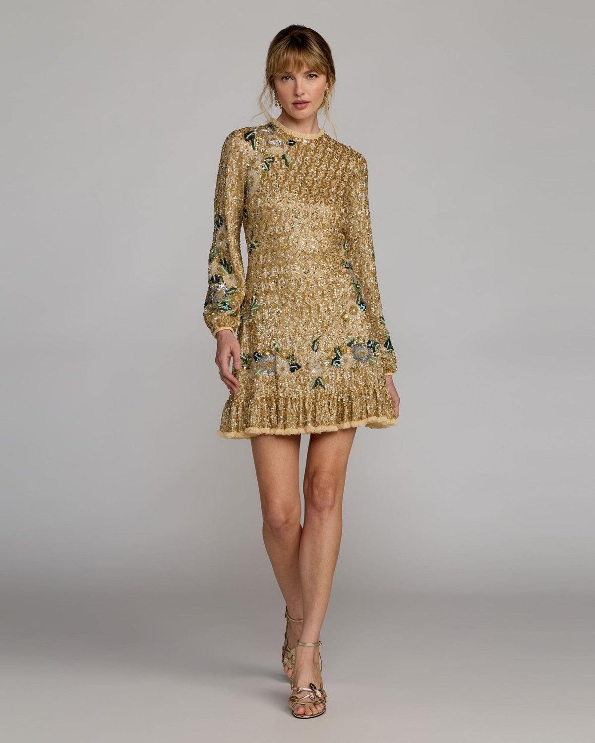 Gold Multi Floral Hand Beaded Long Sleeve Mini Dress