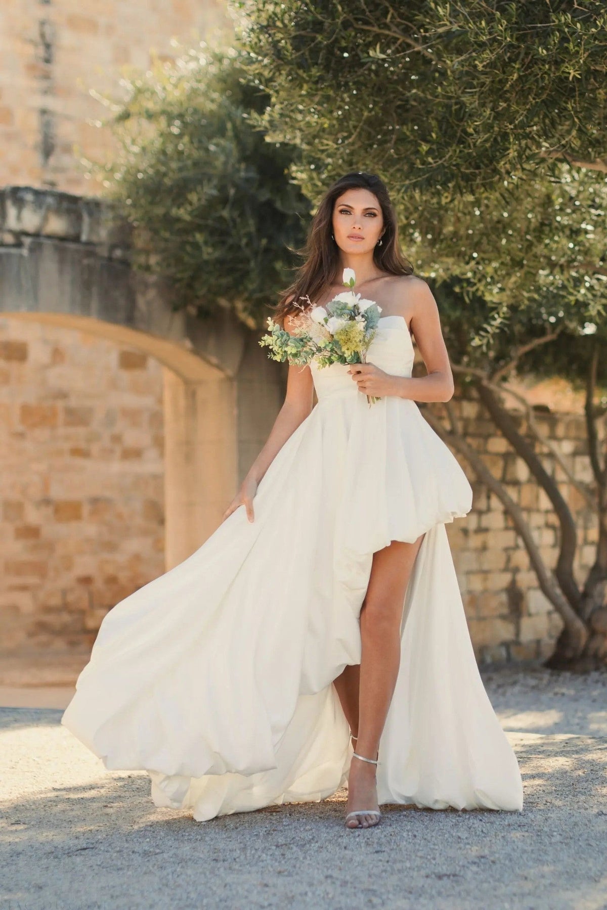 White Strapless Ruched High Low Gown