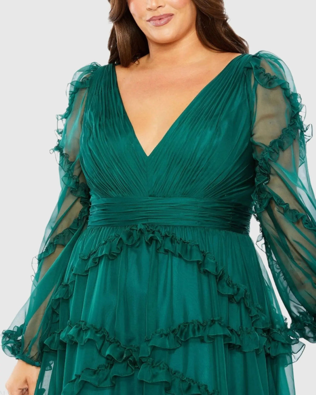 Green V Neck Ruffle Tiered Puff Sleeve Gown (Plus)