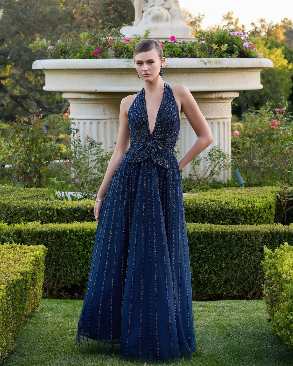 Navy Beaded Halter Neck Open Back A-Line Gown