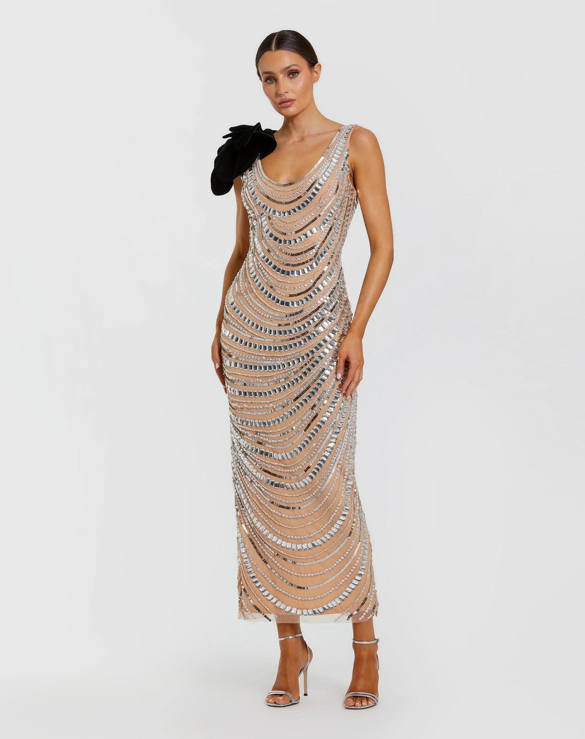 Silver Nude Sequin Cowl Maxi Dress With Velvet Flower
