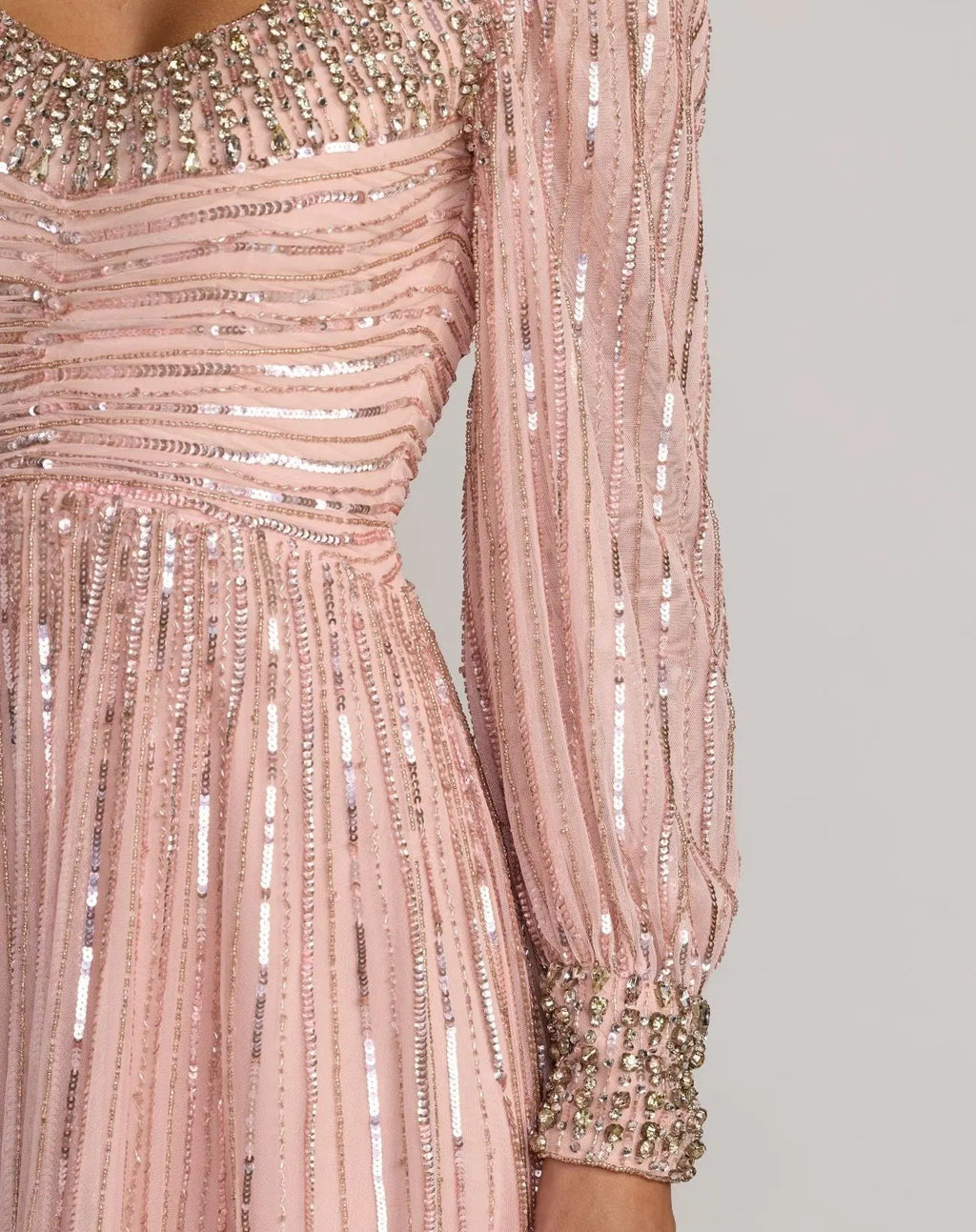 Pink Embellished Long Sleeve Scoop Neck A-Line Gown
