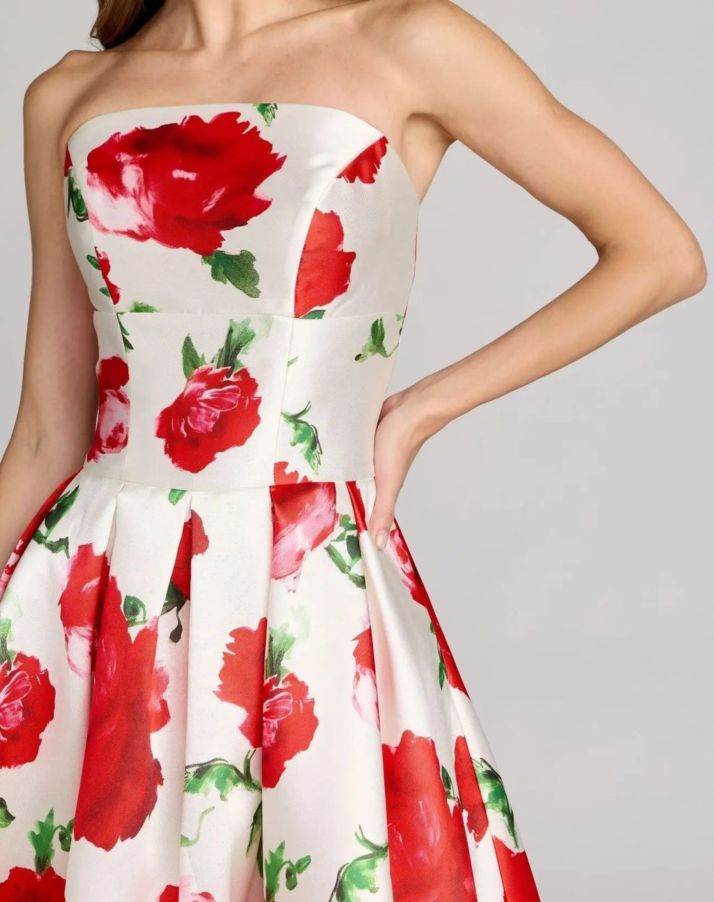 White Strapless Floral Mikado Midi Dress