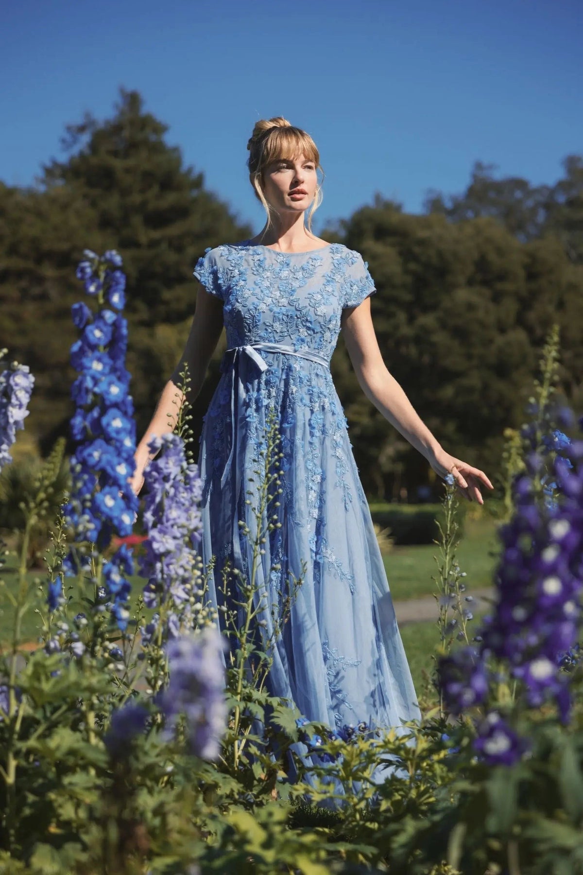 Sky Blue Floral Embellished Cap Sleeve Gown