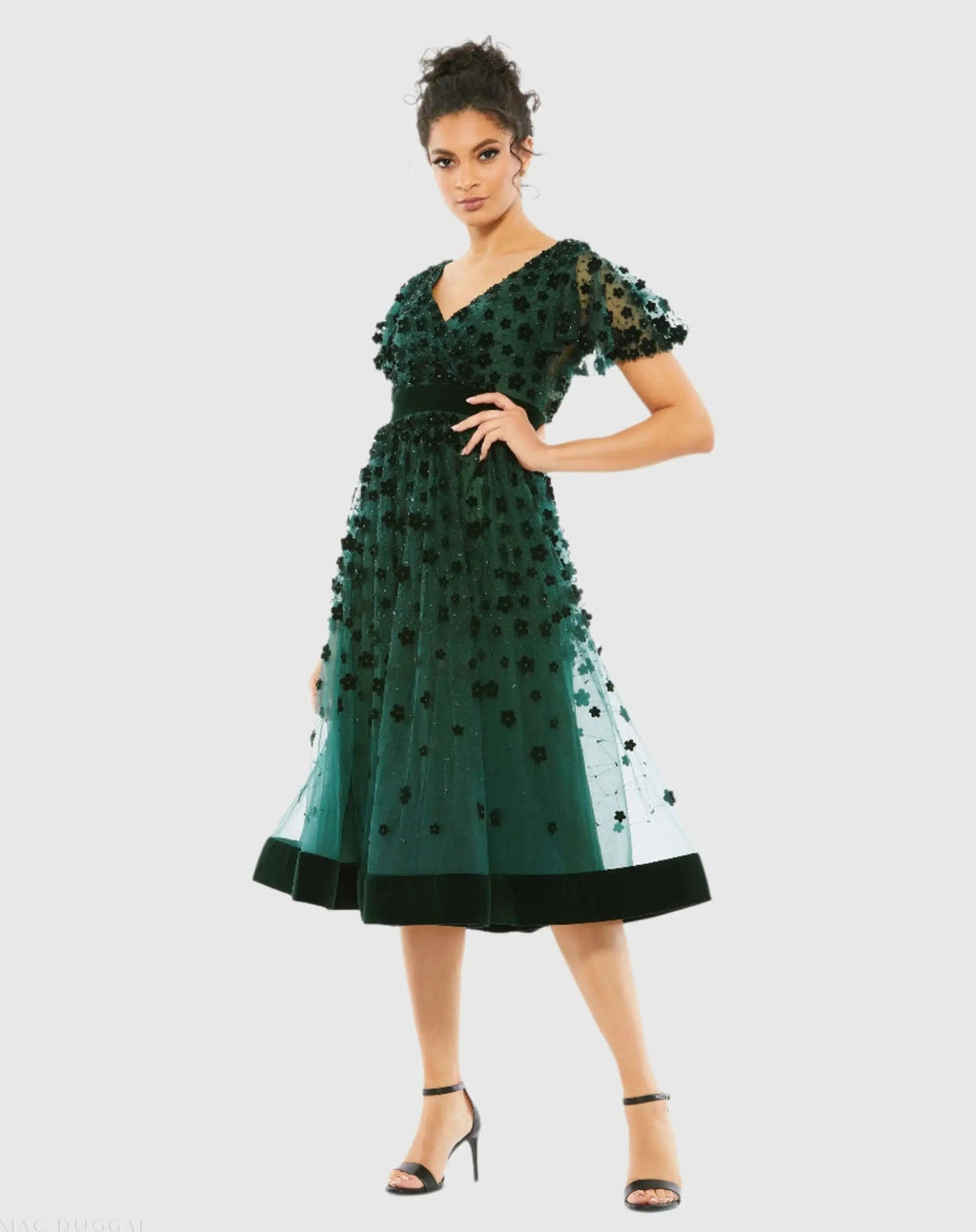 Embellished Butterfly Sleeve Velvet Hem Midi Dress