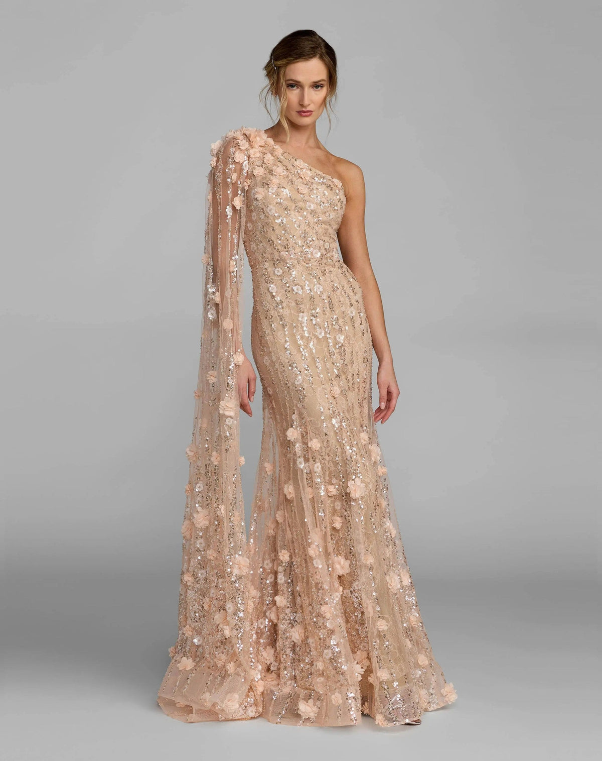 Porcelain One Shoulder Embellished Gown With Cape Sleeve
