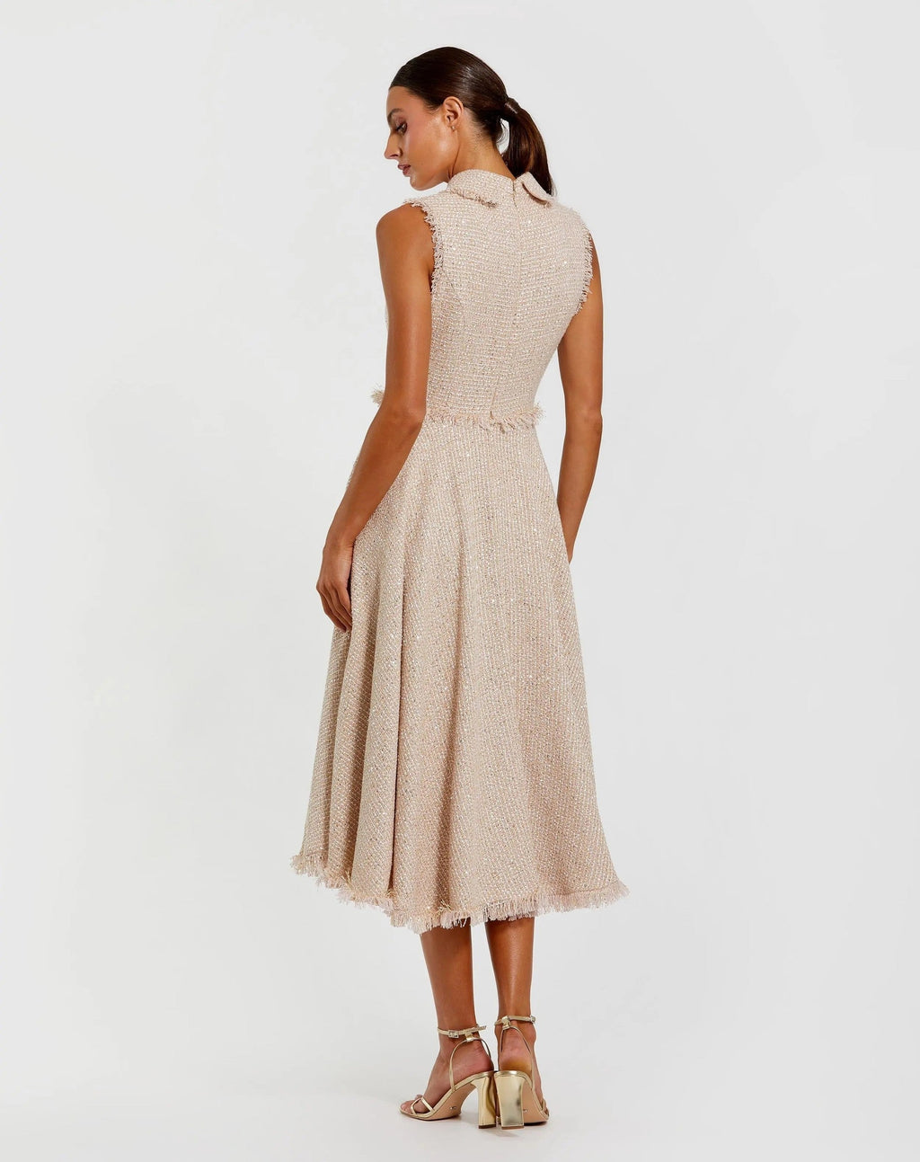 Pink Boucle Sleeveless Collared Button Up Midi Dress