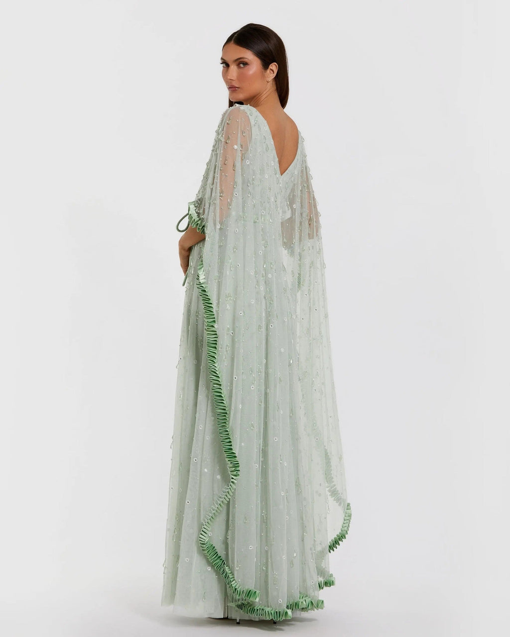 Jade Beaded Cape Sleeve Gown With Ruffle Trim