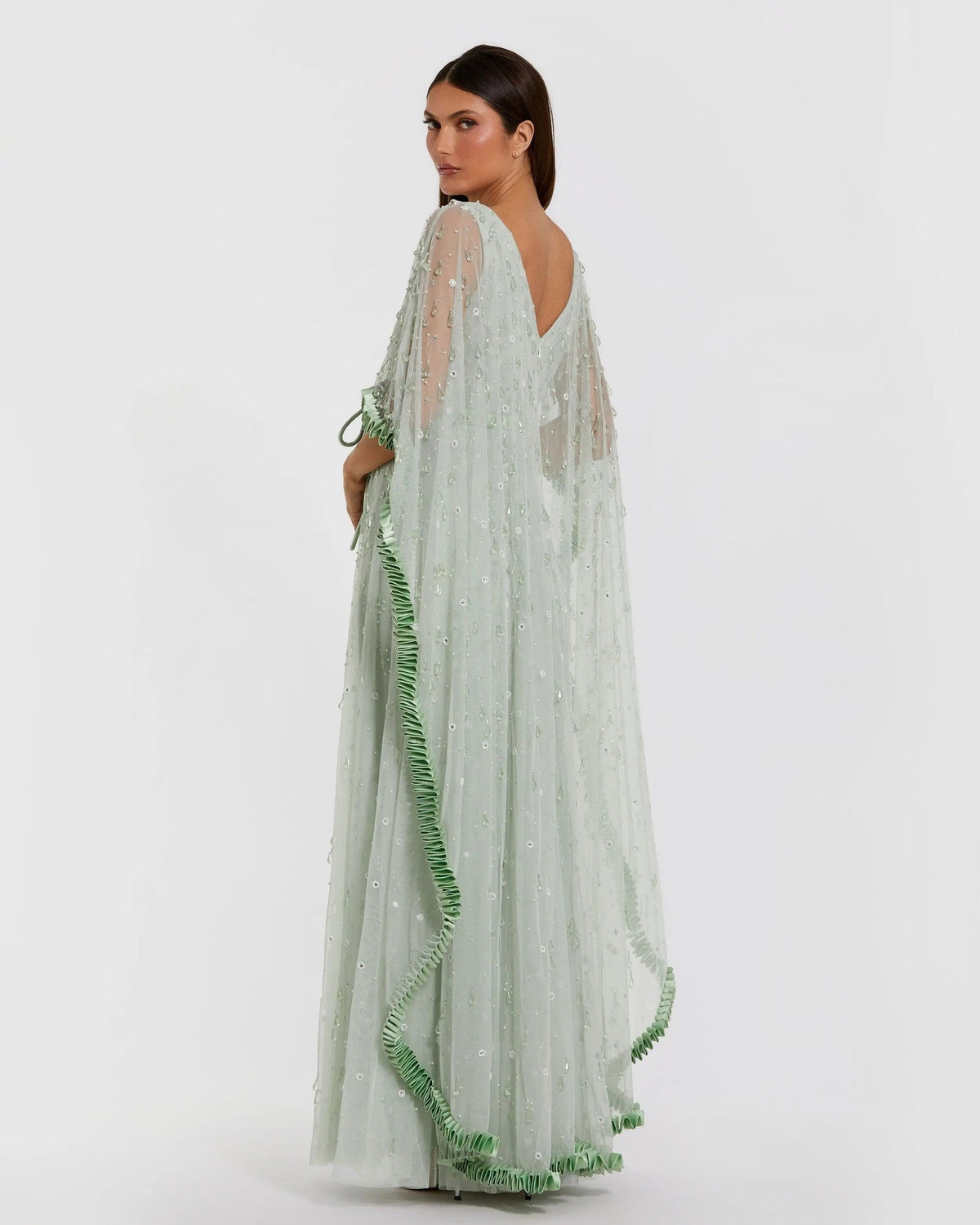 Jade Beaded Cape Sleeve Gown With Ruffle Trim