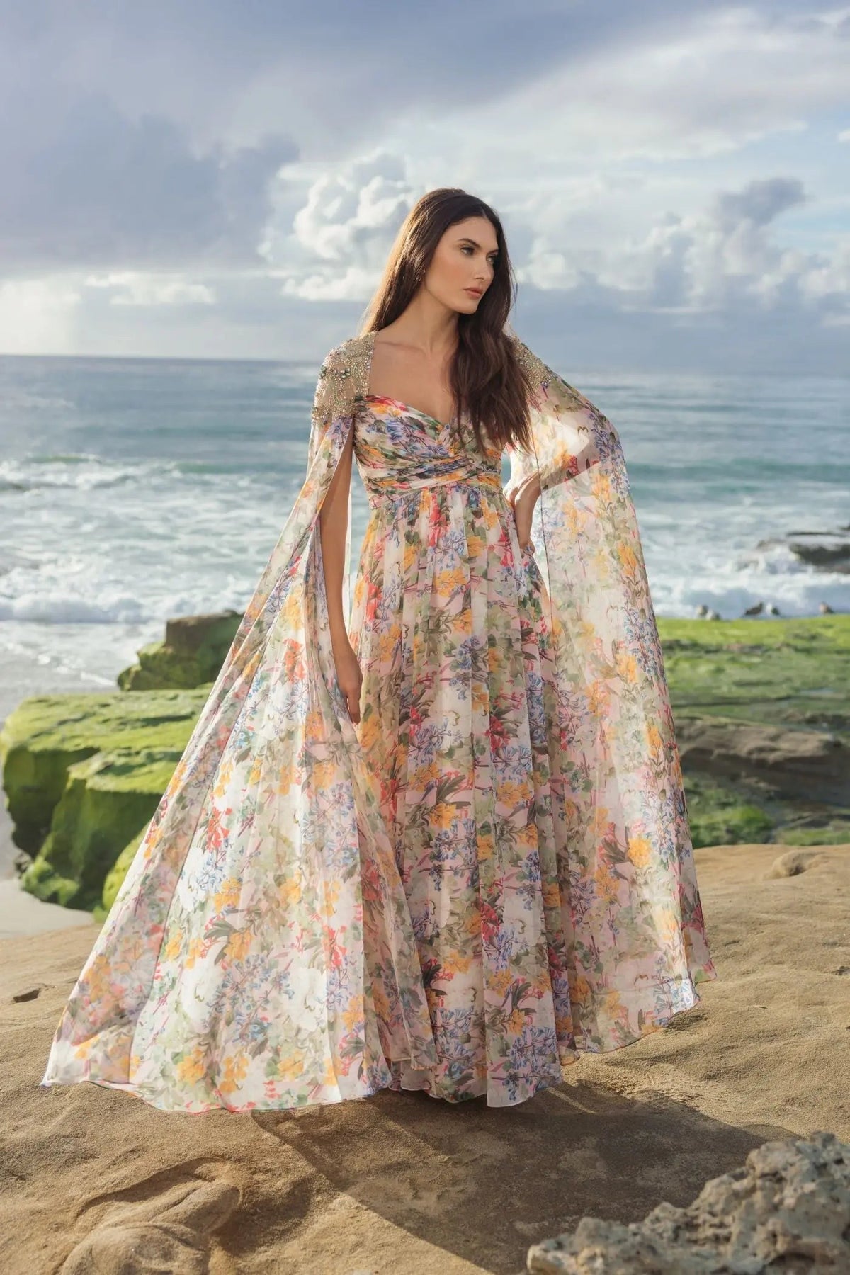Pastel Multi Floral Gown With Beaded Cape Sleeves