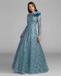 French Blue Embellished Floral Appliqué Ball Gown