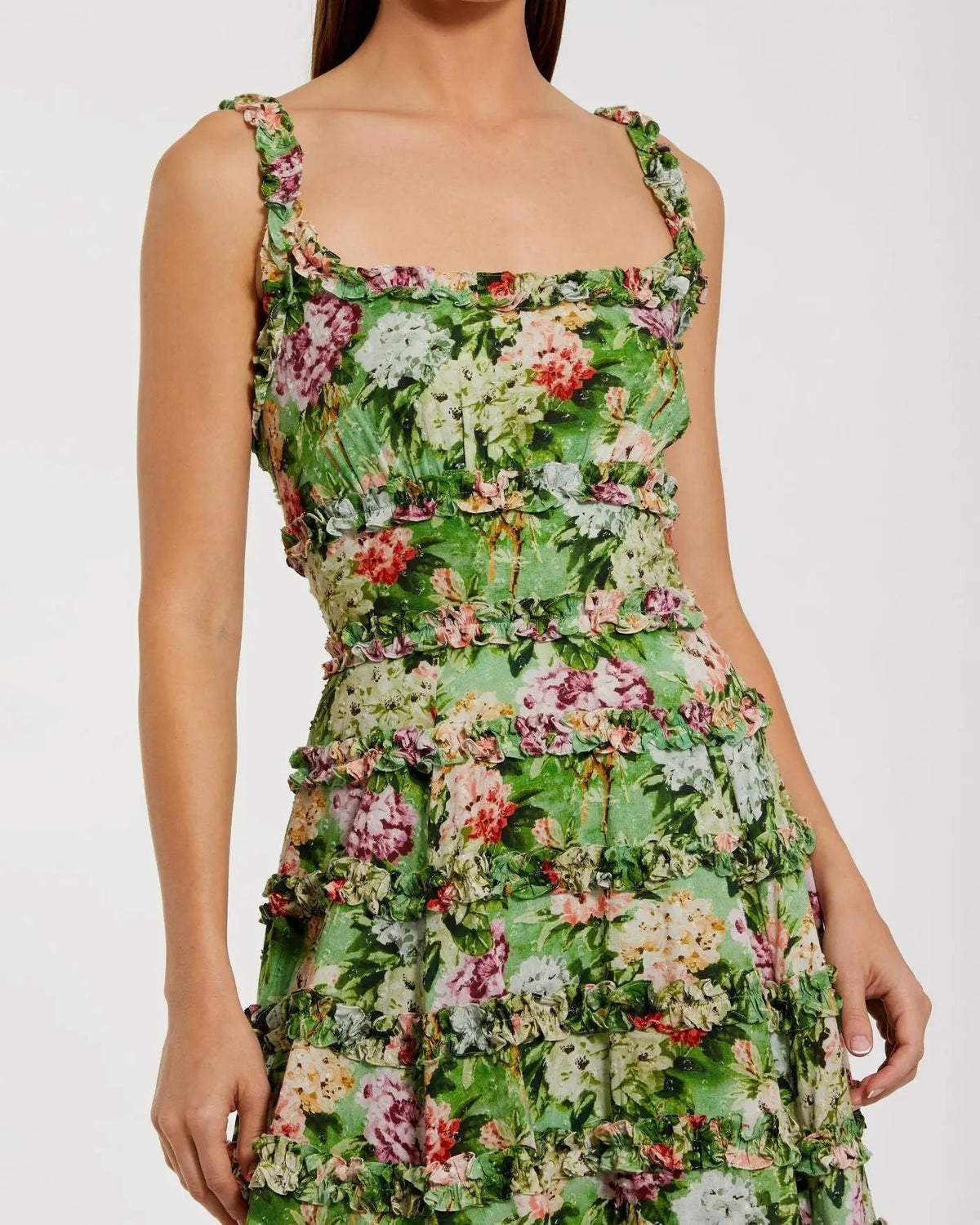 Green Ruffle Floral Square Neck Midi Dress