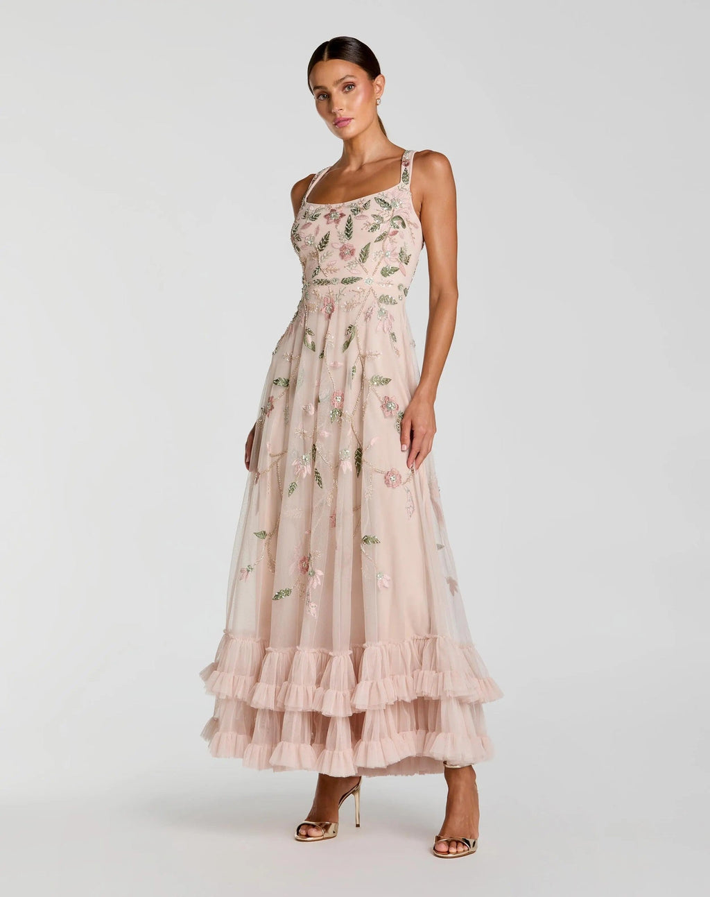 Porcelain Ruffle Midi Dress with Floral Embroidery