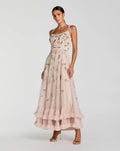 Porcelain Ruffle Midi Dress with Floral Embroidery
