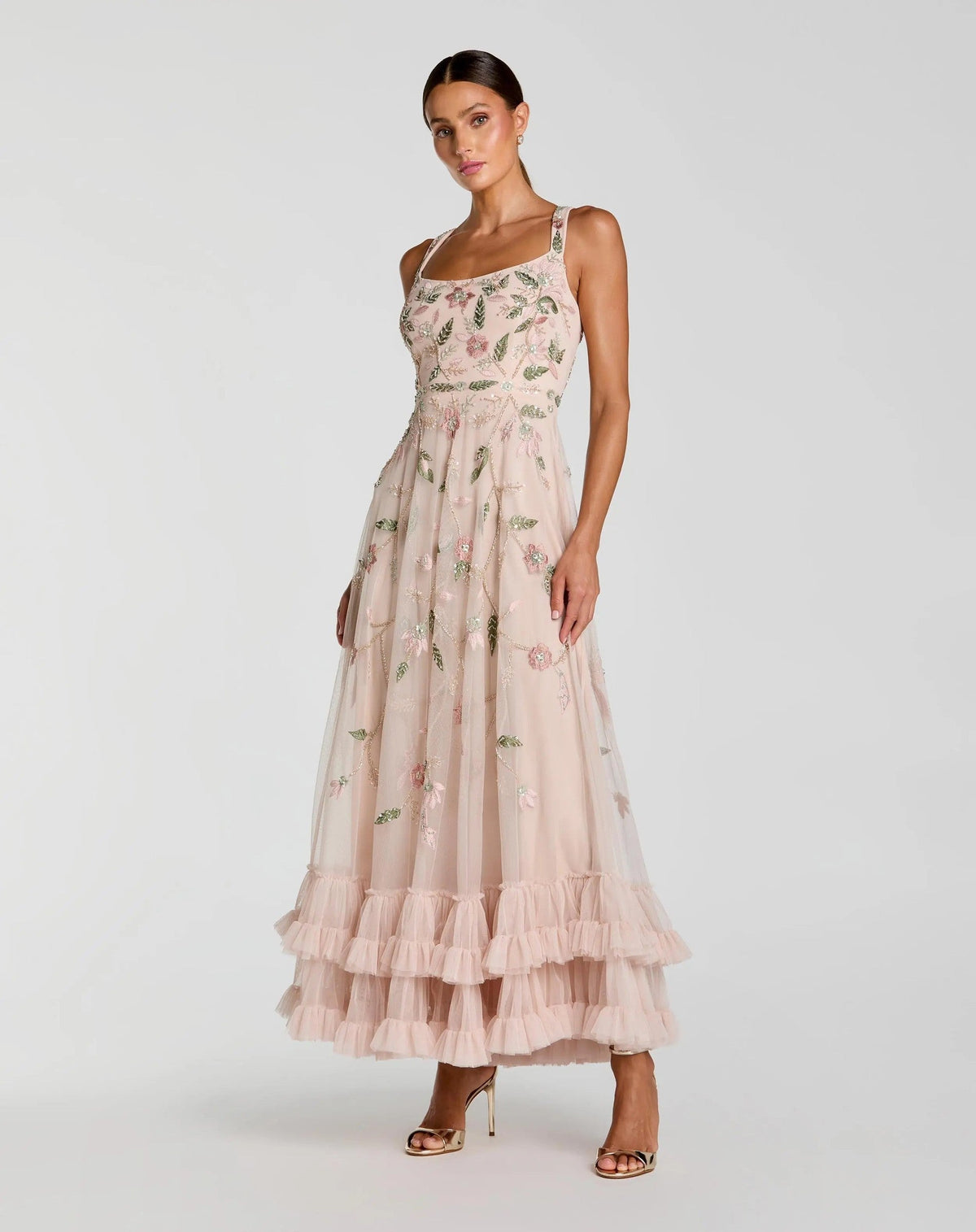 Porcelain Ruffle Midi Dress with Floral Embroidery