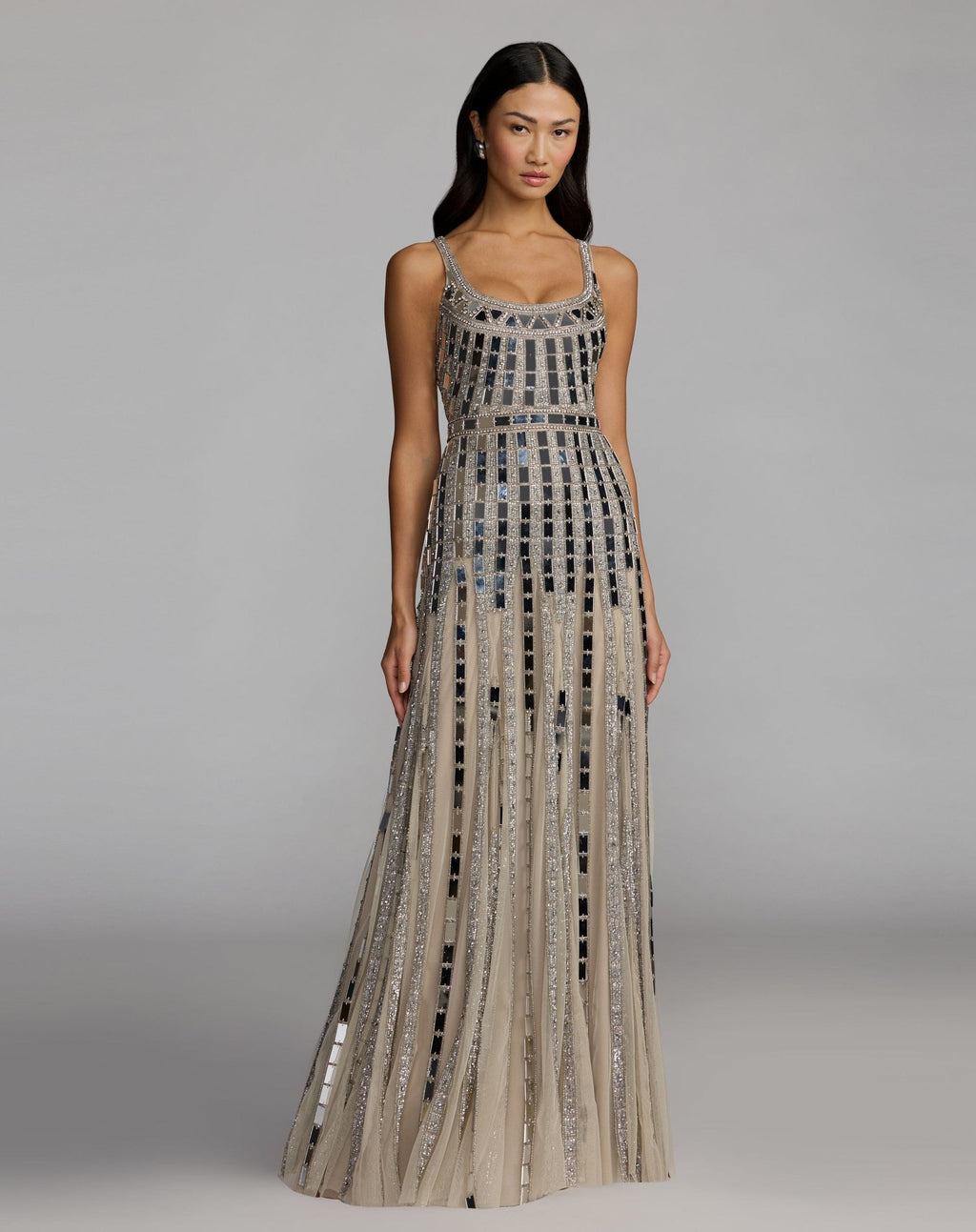 Silver Mirror Embellished Sleeveless Evening Gown