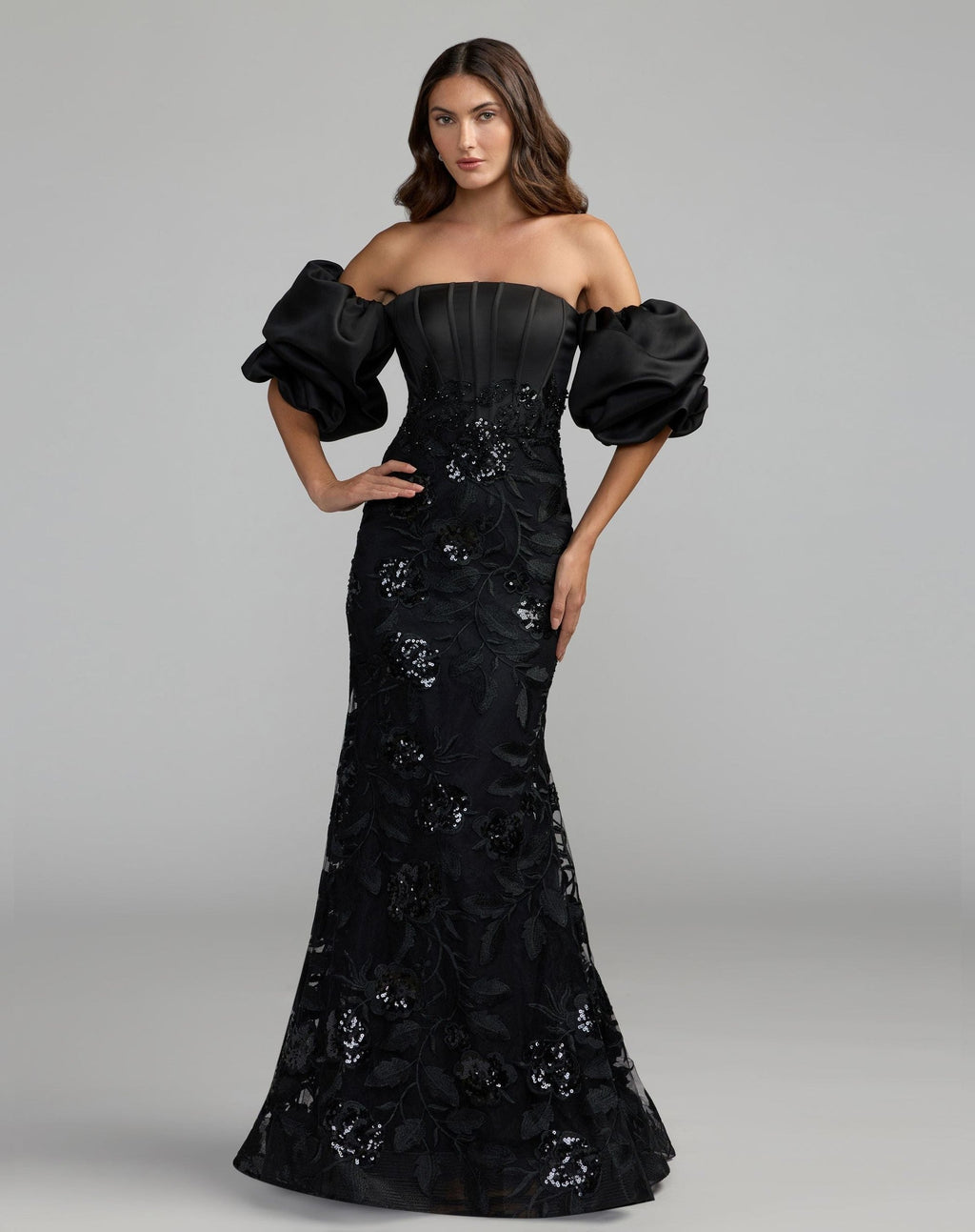 Black Satin Off The Shoulder Embroidered Mermaid Gown