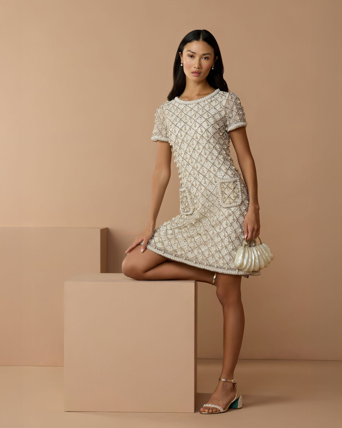 Oyster Short Sleeve Pearl Embellished Mini Dress