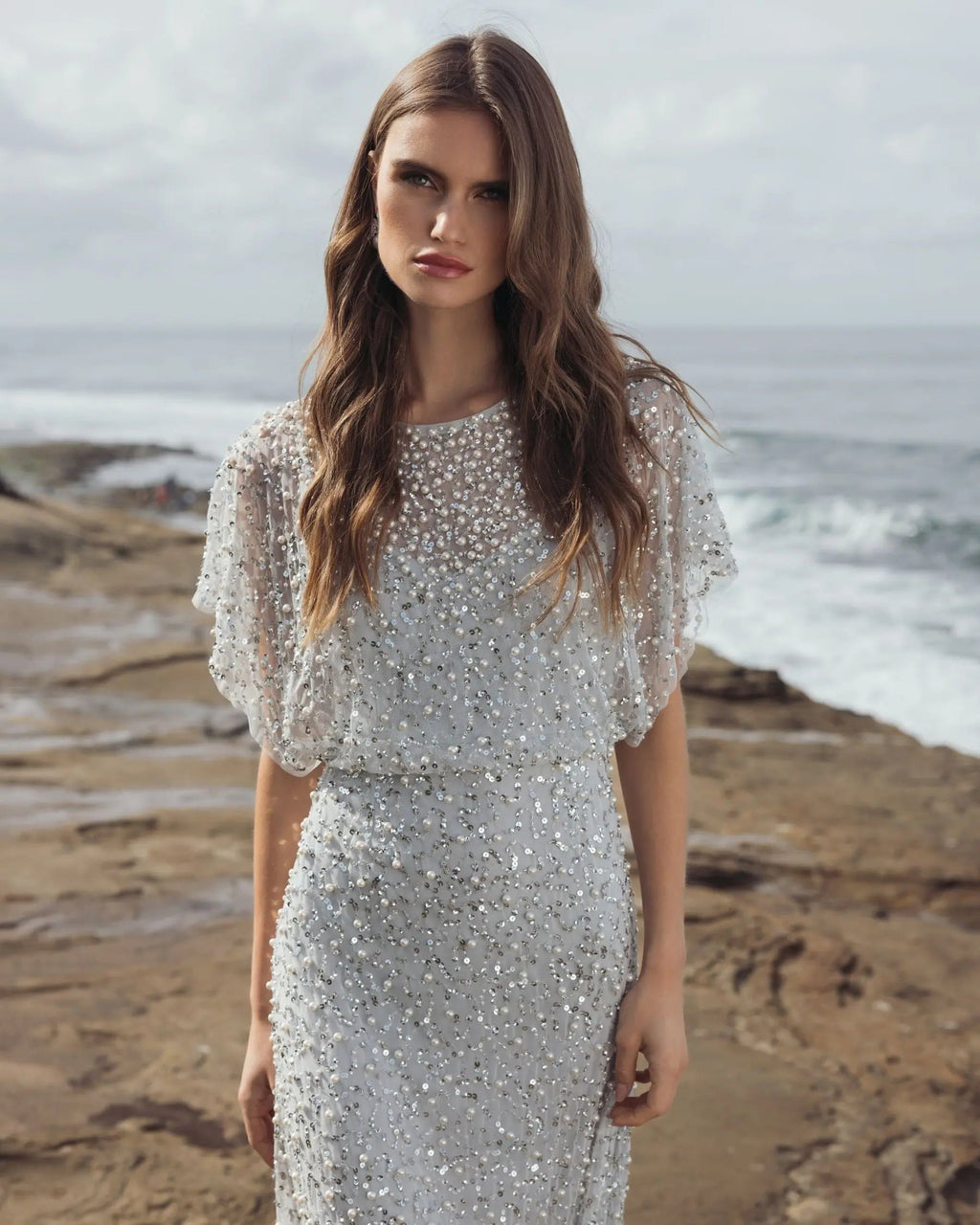 Powder Blue High Neck Short Sleeve Embellished Gown