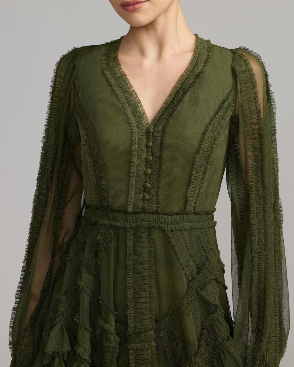 Petite Olive Long Sleeve V-Neck Micro Ruffle Midi Dress