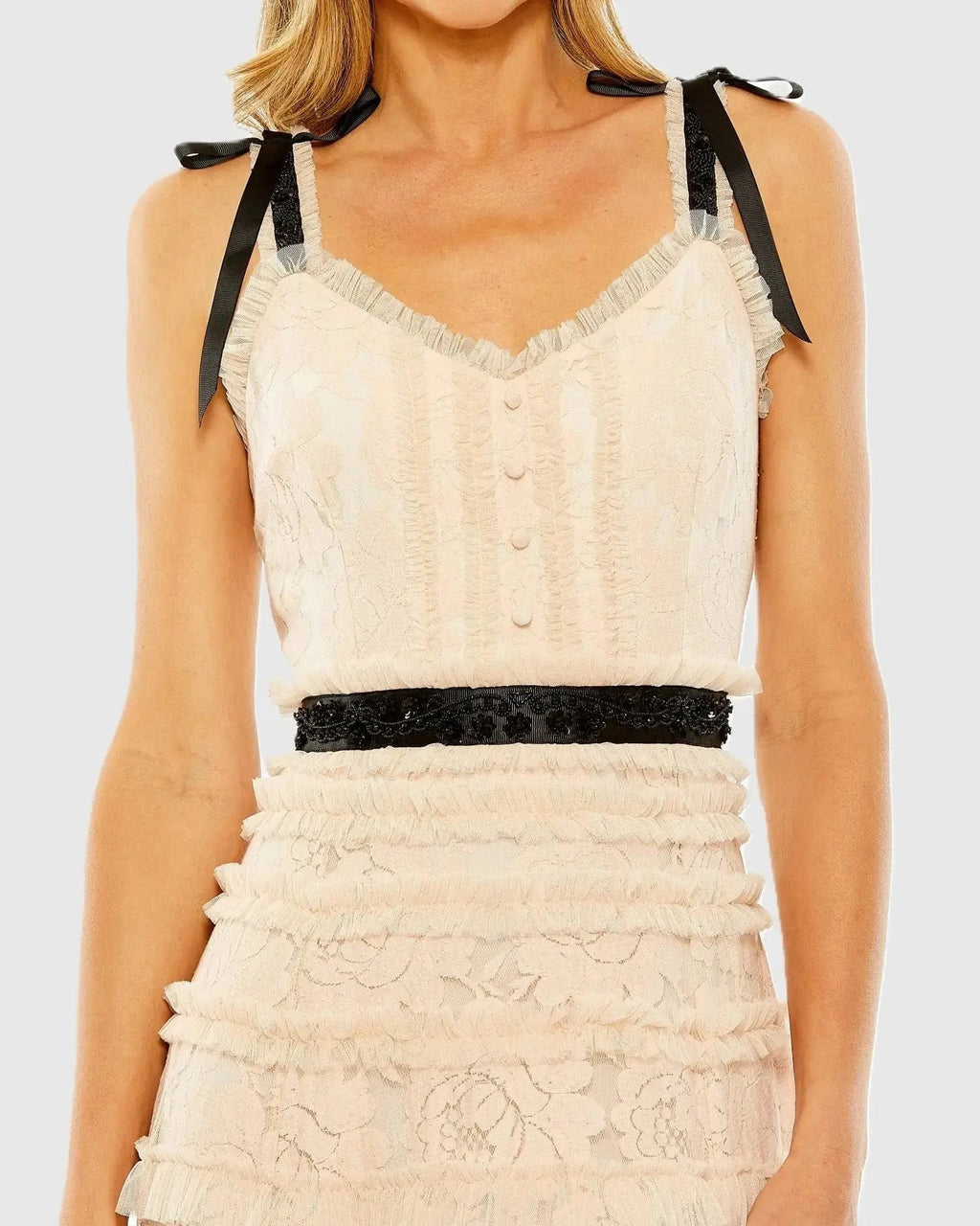 Porcelain Lace Tiered Midi Dress with Bow Straps
