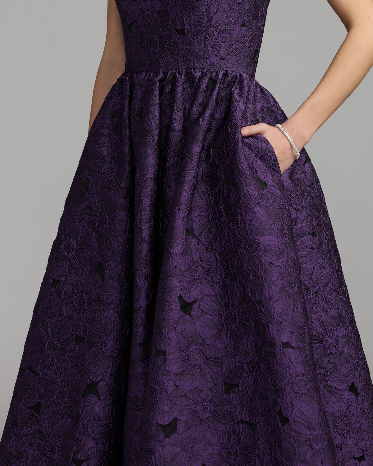 Ultra Violet Floral Brocade Strapless Midi Dress