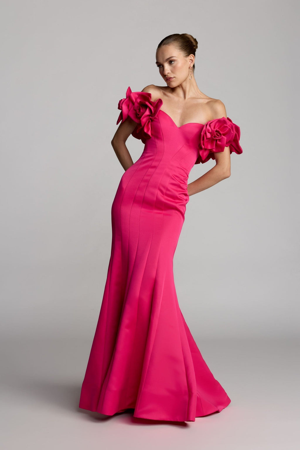 Hot Pink Off The Shoulder Gown With 3D Floral Sleeves