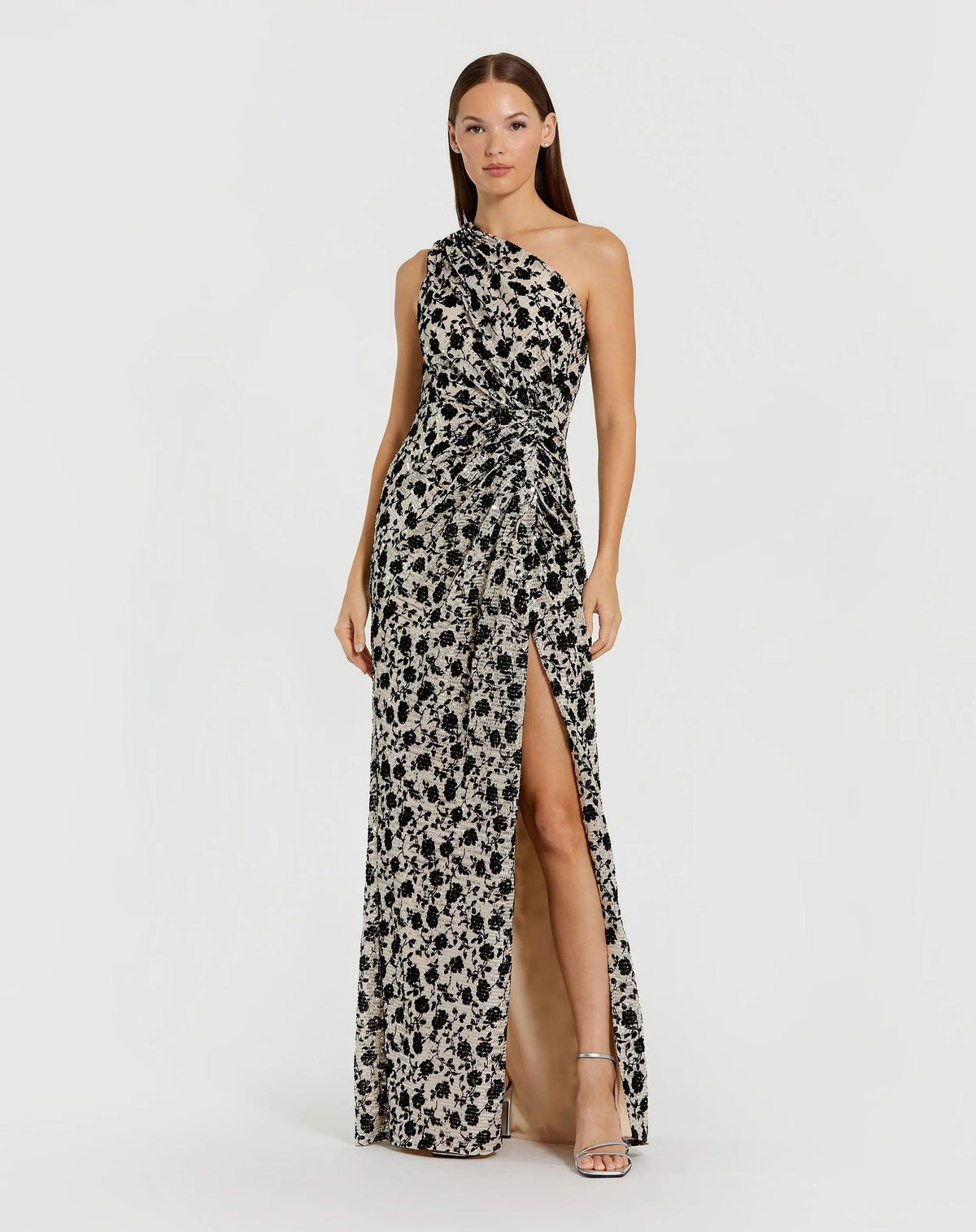 Beige One Shoulder Sequin Gown with Floral Velvet Detail