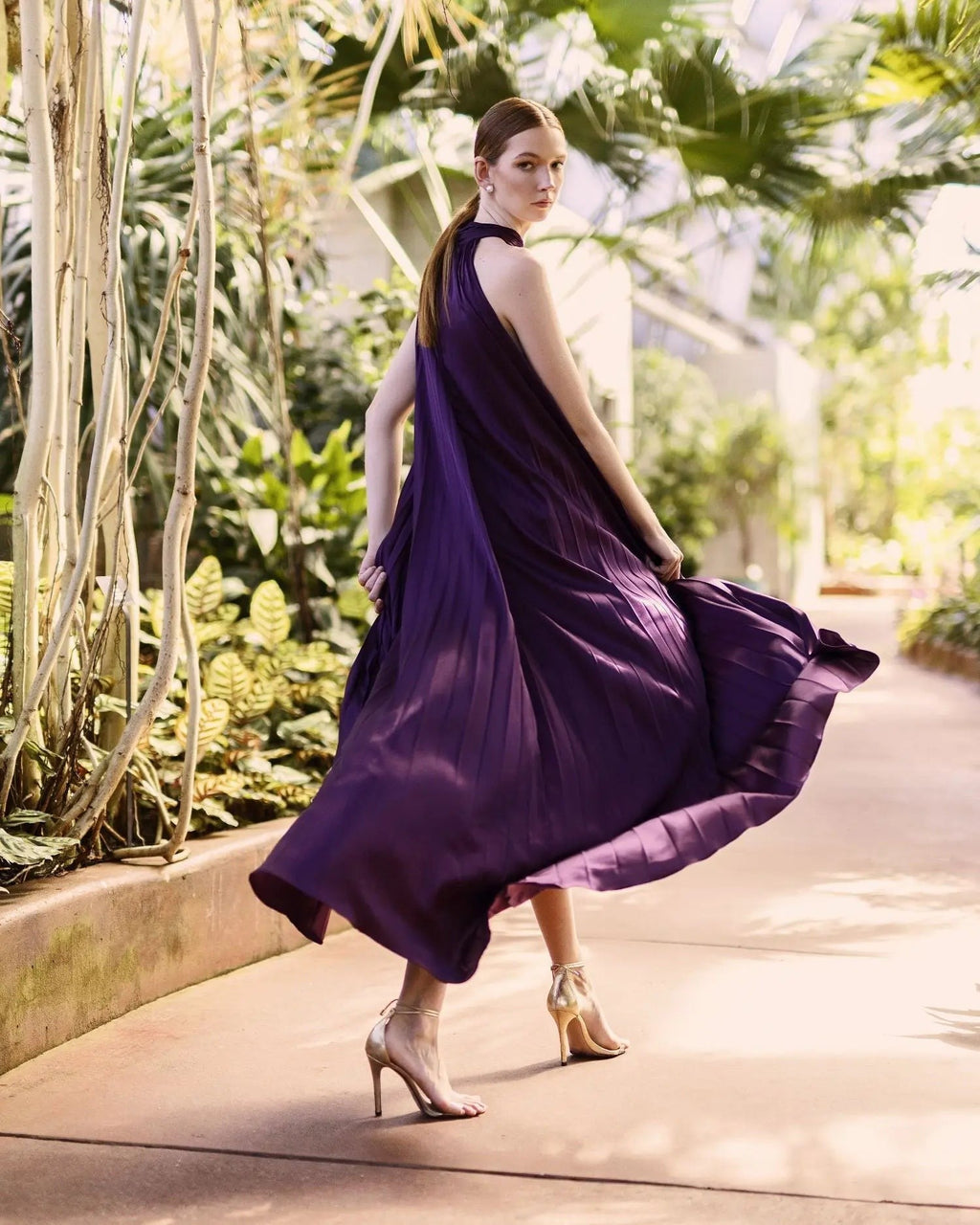 Plum Pleated Halter Neck High Low Gown