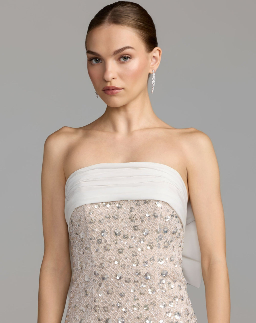 Ivory Strapless Embellished Column Gown With Bow