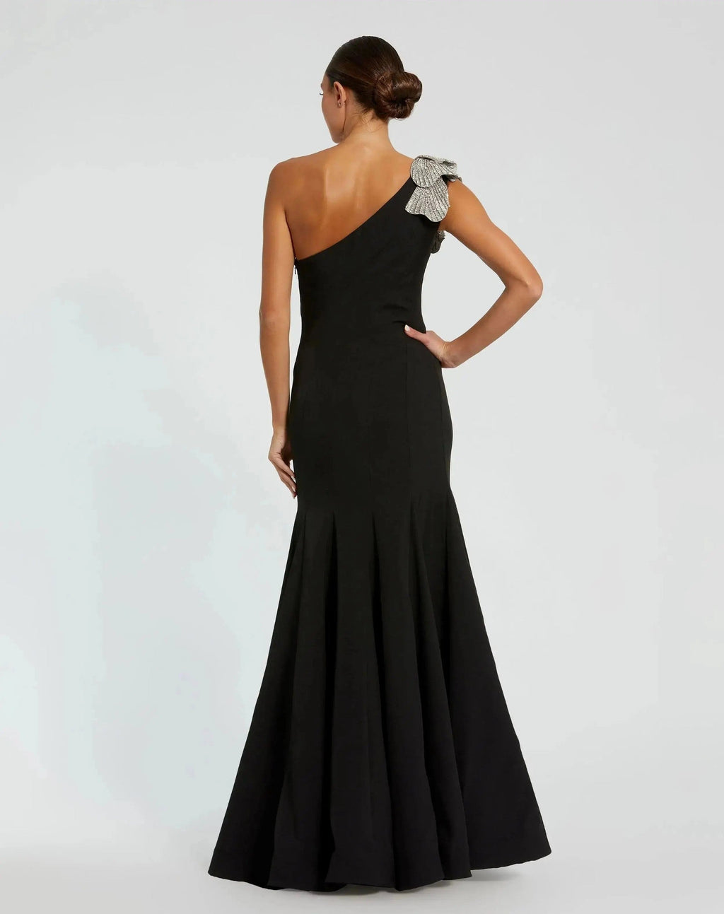 Petite Black One Shoulder Trumpet Gown With Crystal Flower