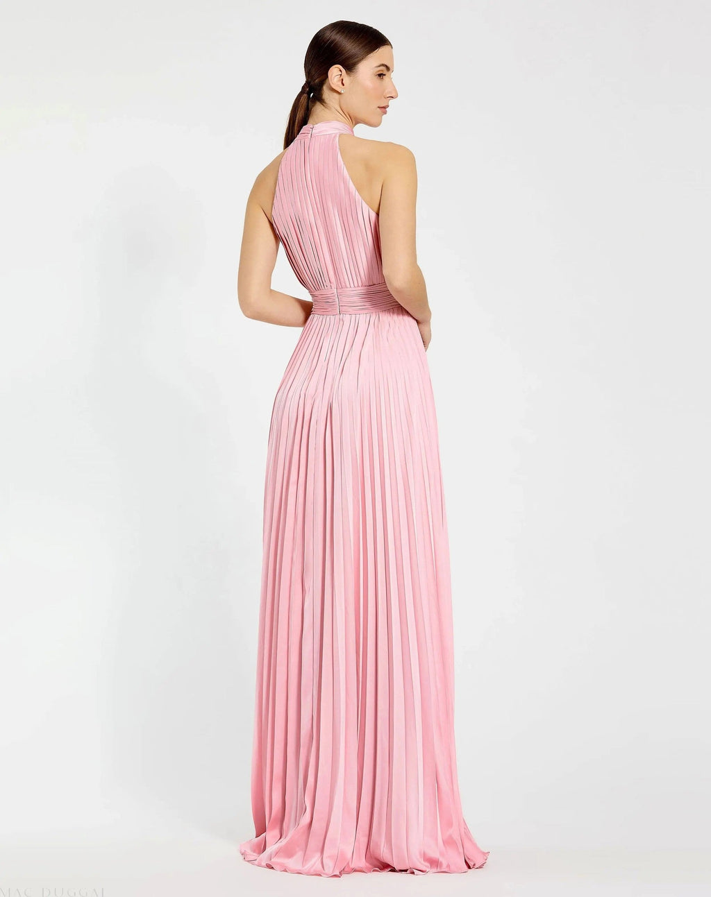 Pink Sleeveless Halter Neck Pleated Satin Gown