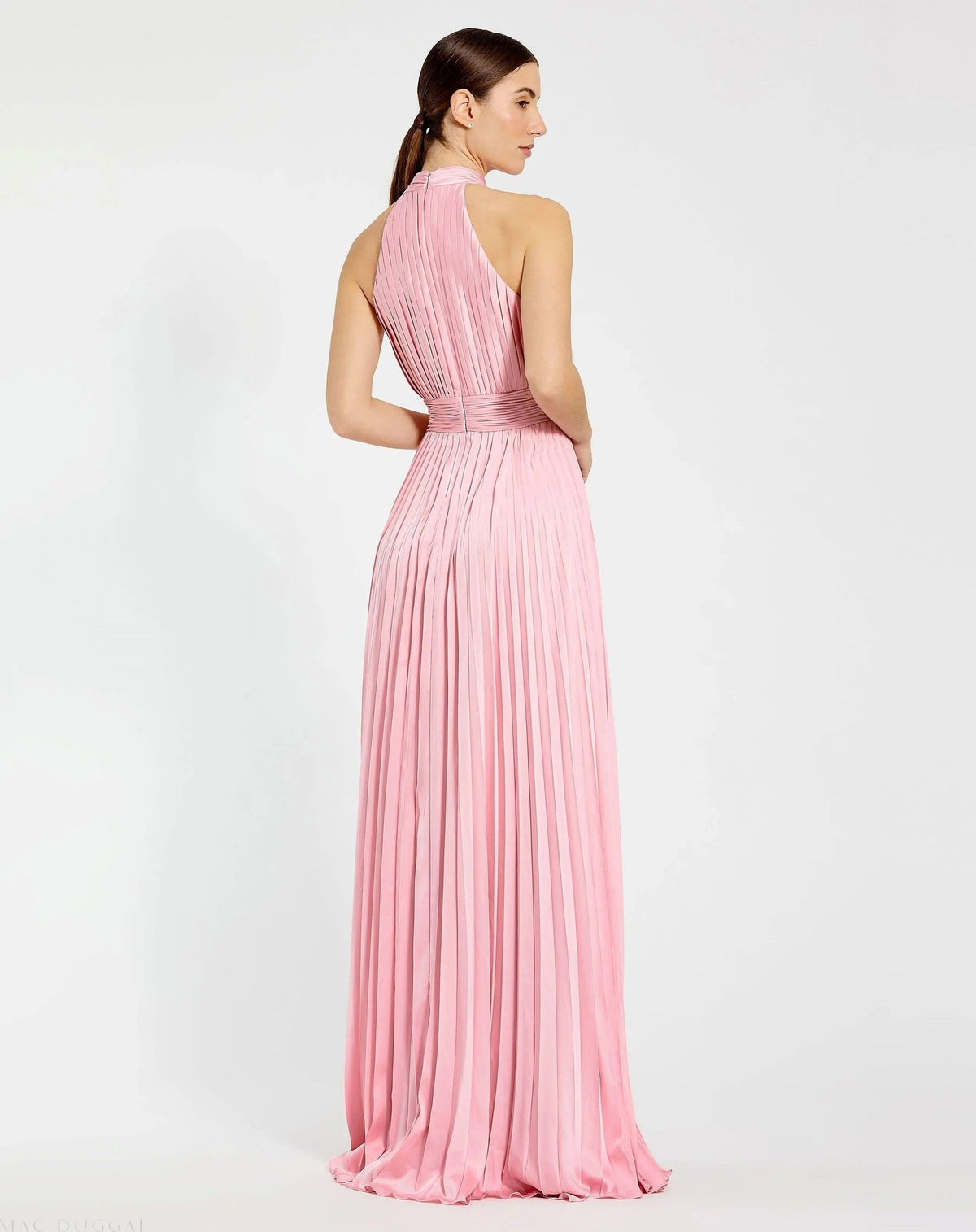 Pink Sleeveless Halter Neck Pleated Satin Gown