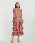 Pink Long Sleeve Lace Up Front Tiered Ruffle Dress