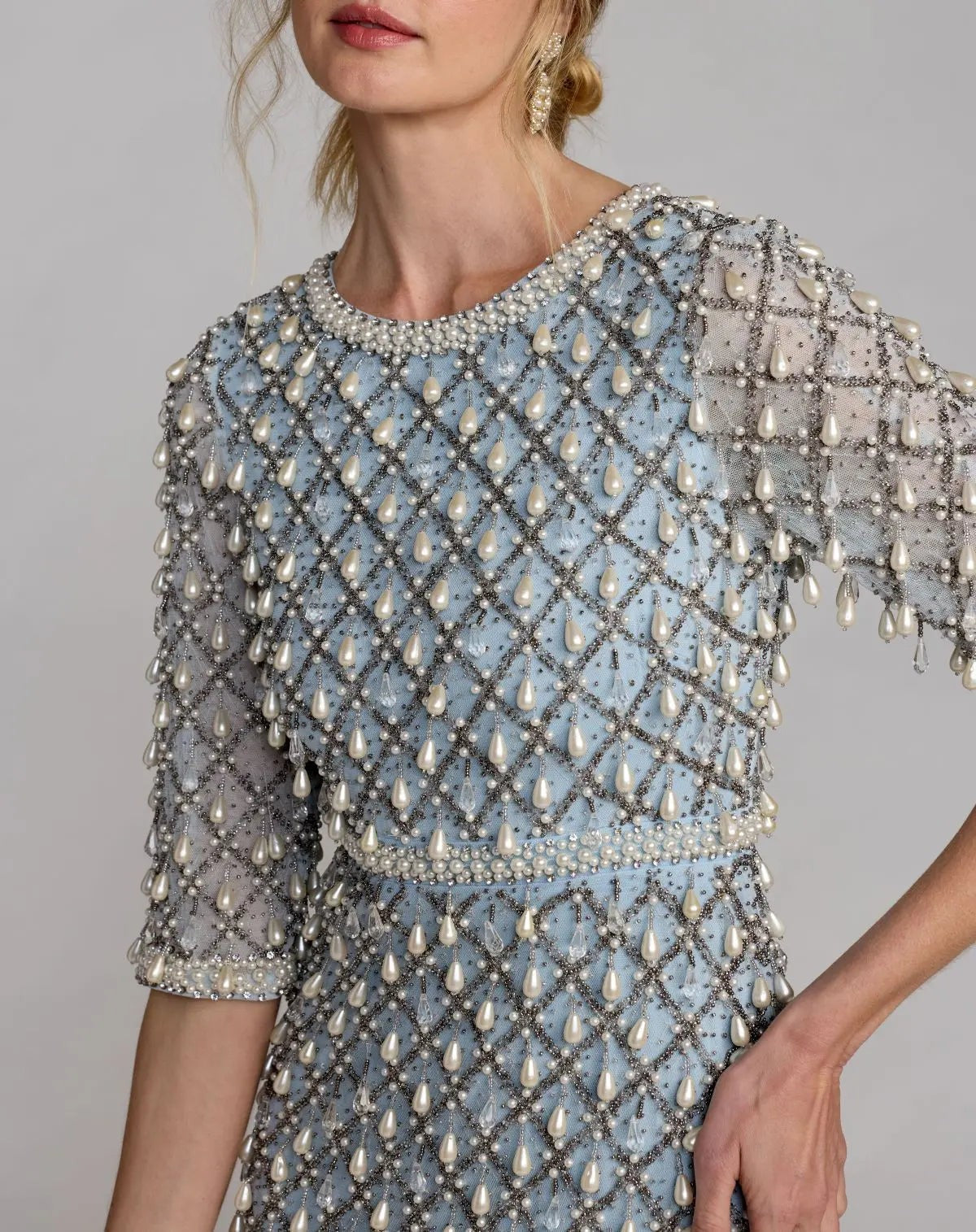 Vintage Blue Pearl Embellished 3/4 Sleeve Gown