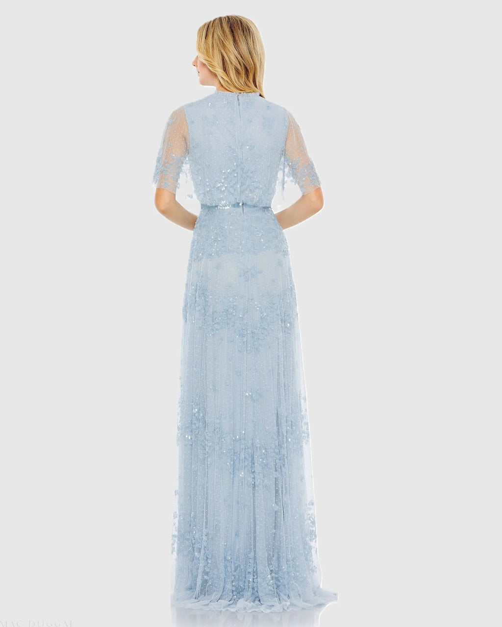 Powder Blue Sequined High Neck Flutter Sleeve A Line Gown