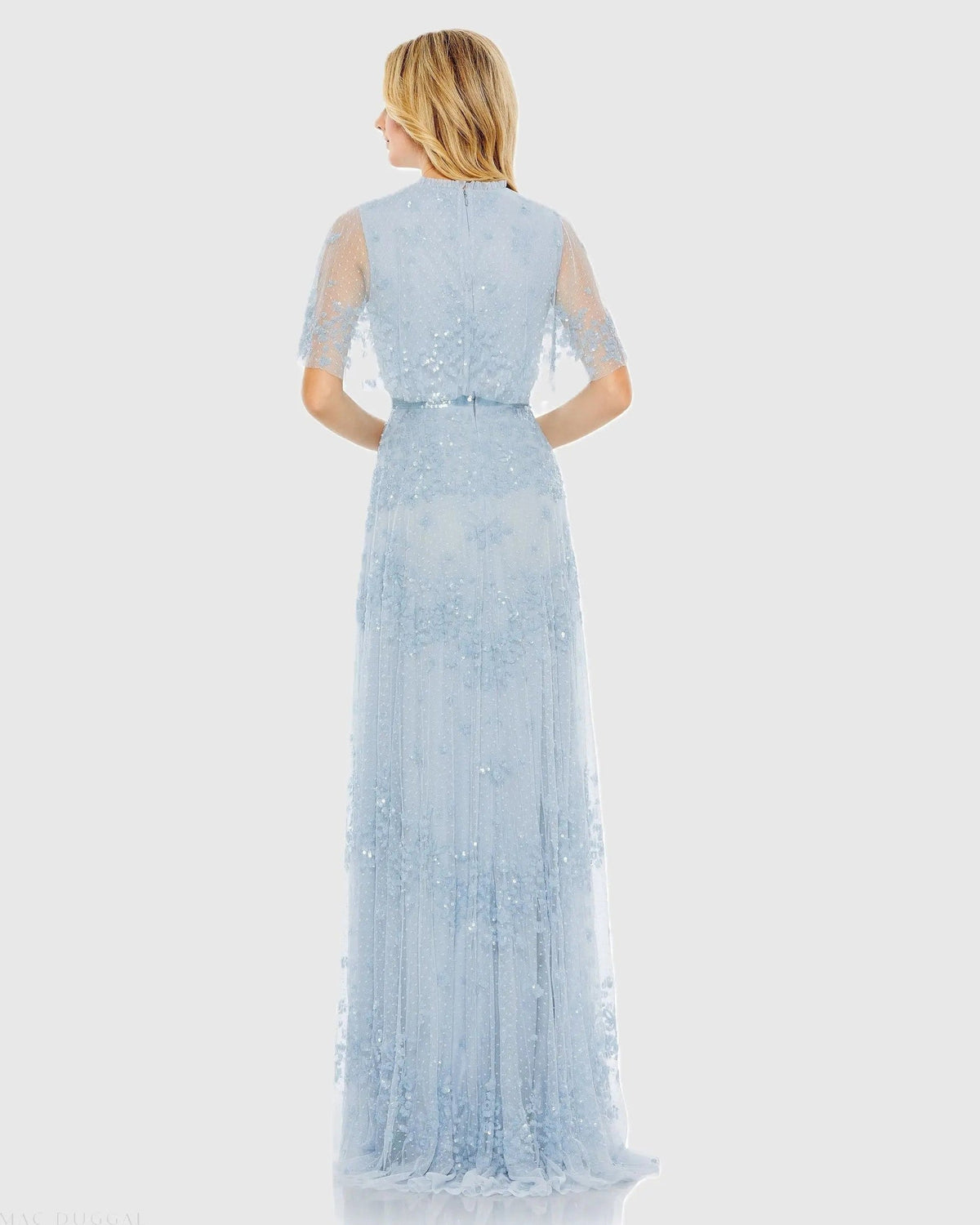 Powder Blue Sequined High Neck Flutter Sleeve A Line Gown