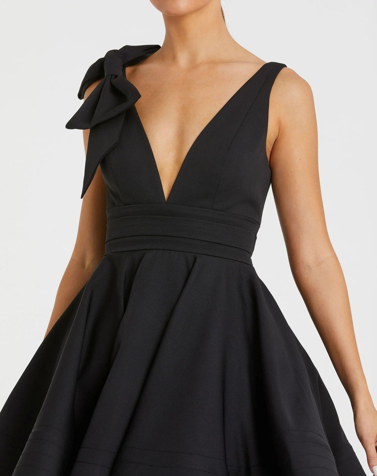 Black Plunge Neck Fit and Flare Mini Dress With Bow