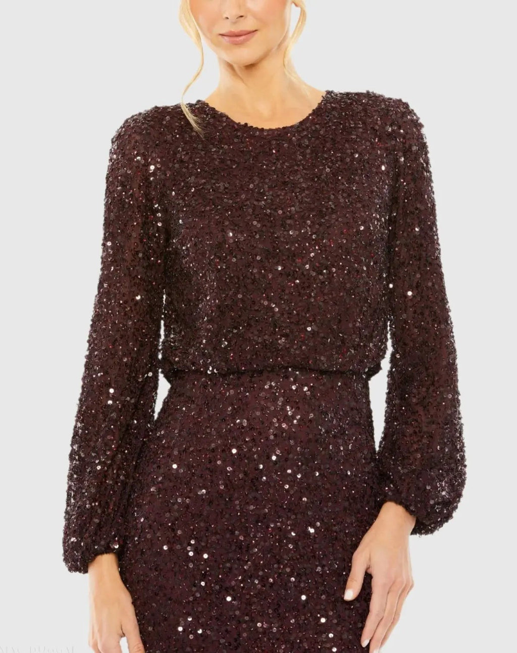 Red High Neck Long Sleeve Beaded Blouson Gown