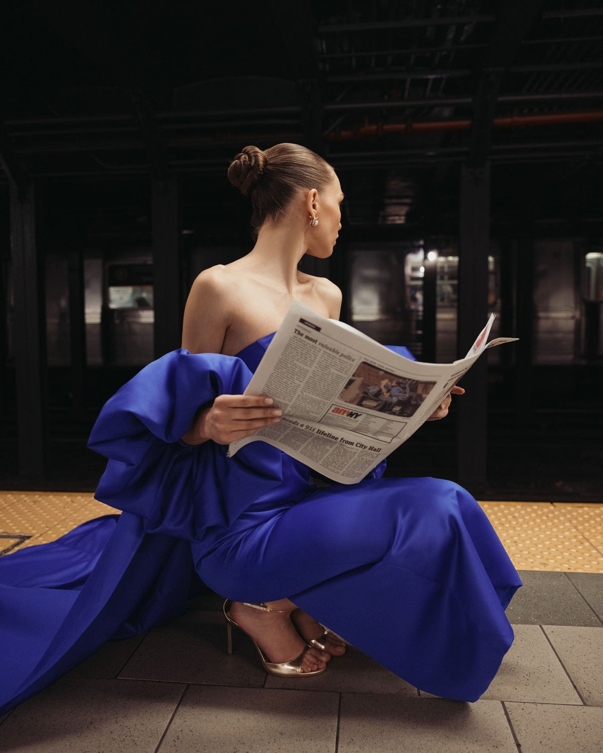 Cobalt Off The Shoulder Puff Sleeve Satin Gown With Cape