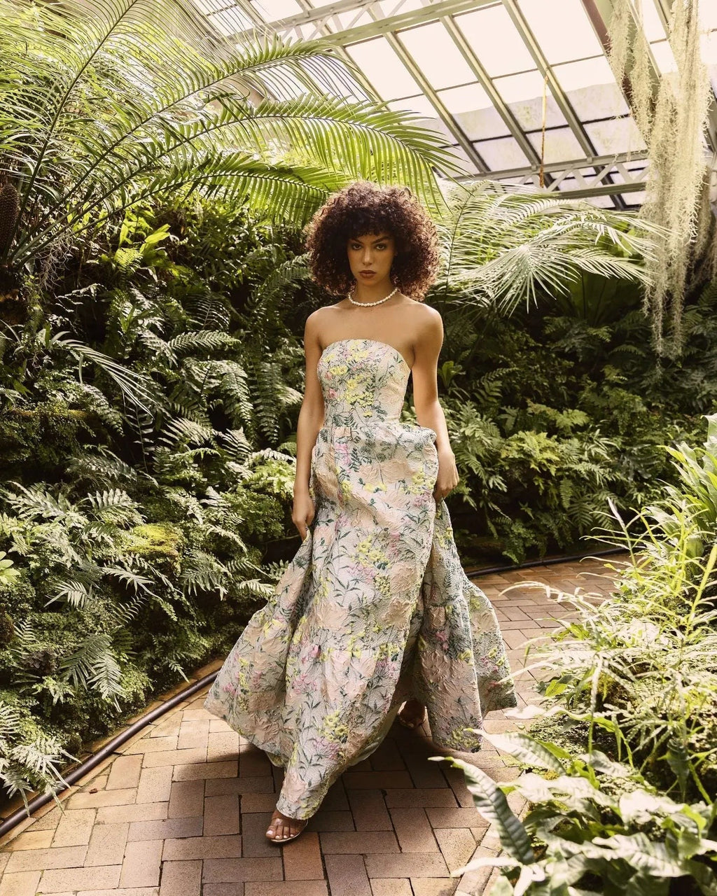Pastel Multi Strapless Floral Brocade A-Line Gown
