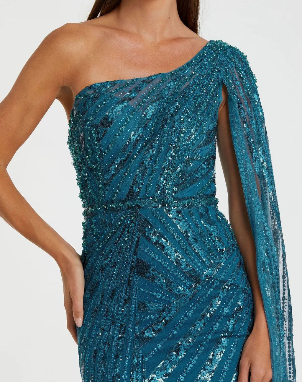 Ocean Blue One Shoulder Cape Sleeve Embellished Gown