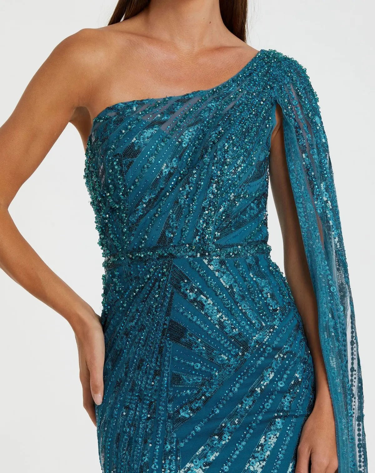 Ocean Blue One Shoulder Cape Sleeve Embellished Gown