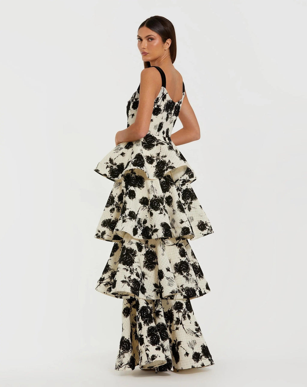Black Ivory Floral Boucle Tiered Ruffle Gown
