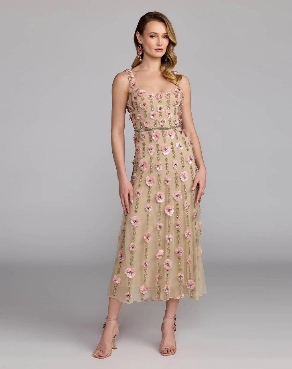 Nude Rose Sleeveless Scoop Neck Embellished Midi Dress