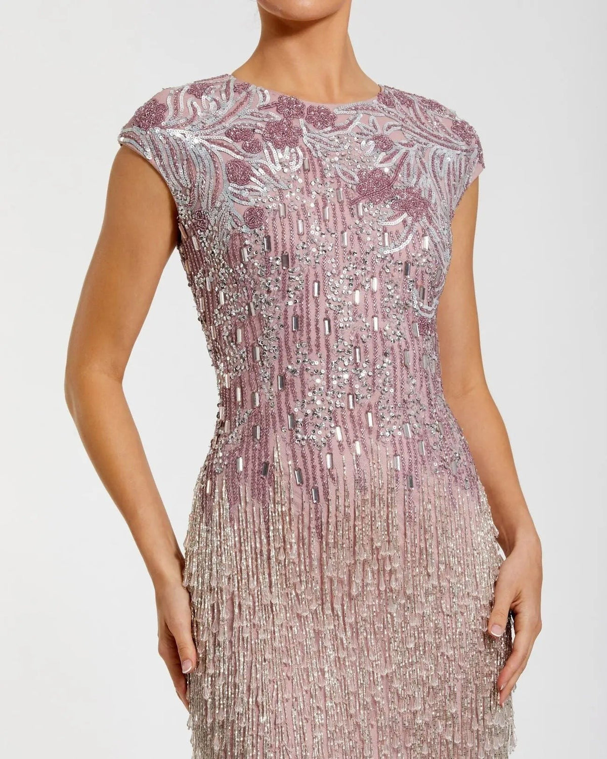 Vintage Lilac Embellished Cap Sleeve Gown With Fringe Beading