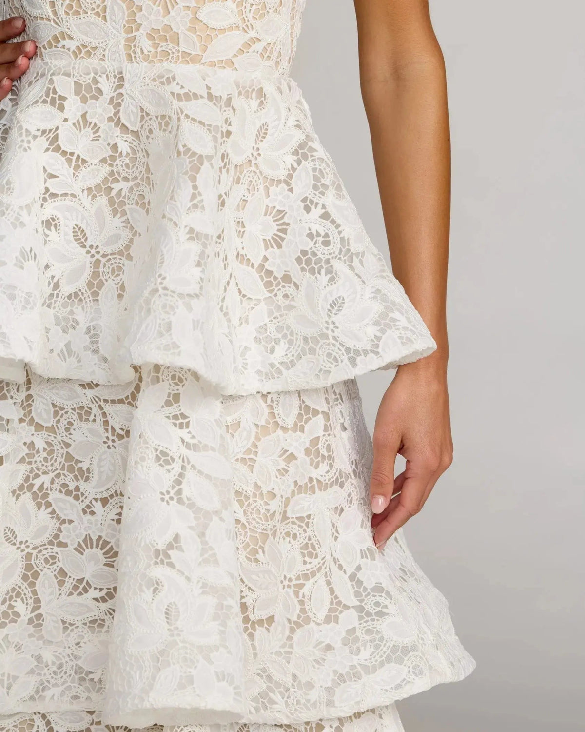 Ivory Strapless Lace Tiered Ruffle Midi Dress