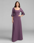 Eggplant Crepe Gown With Floral Embellished Sleeves