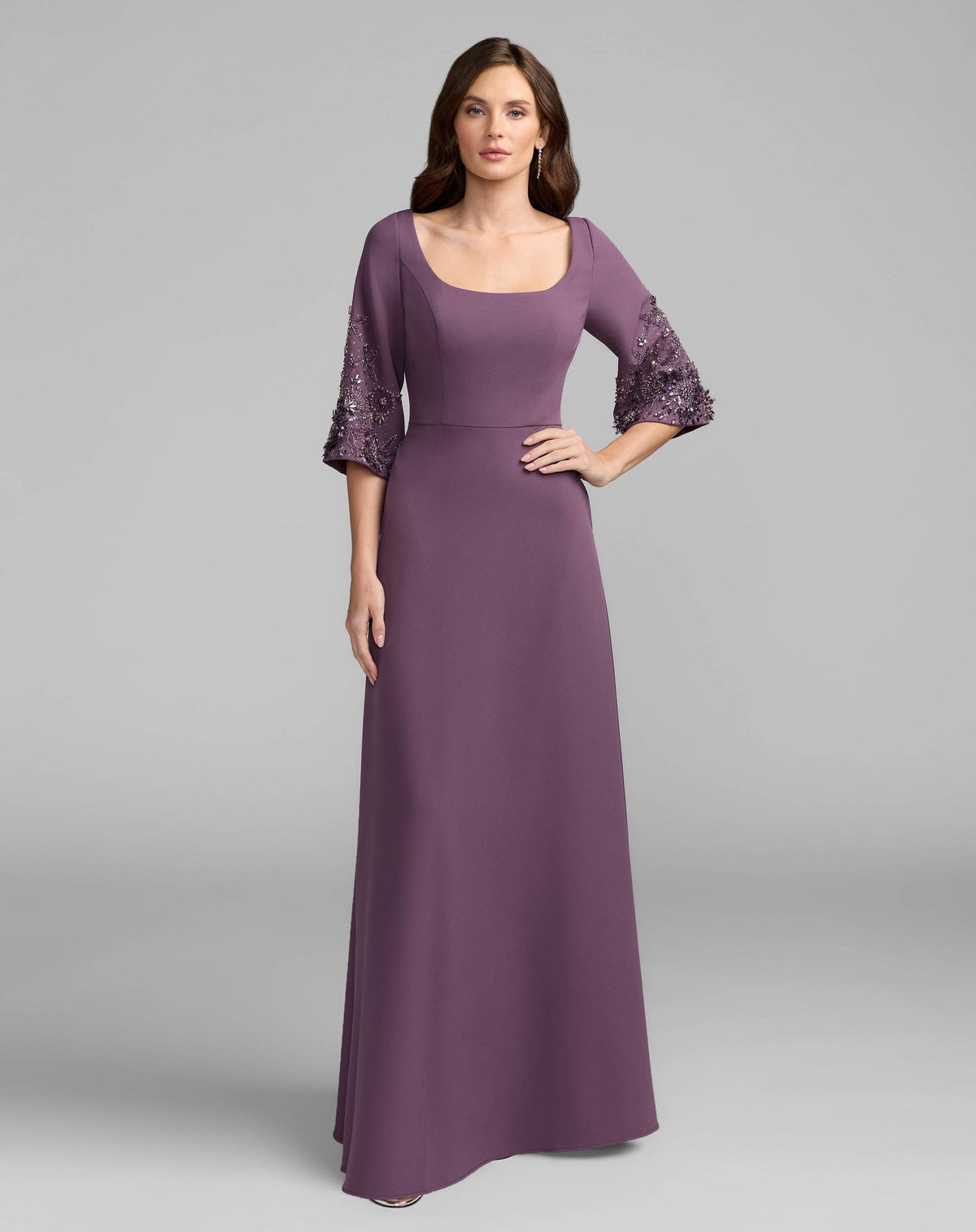 Eggplant Crepe Gown With Floral Embellished Sleeves