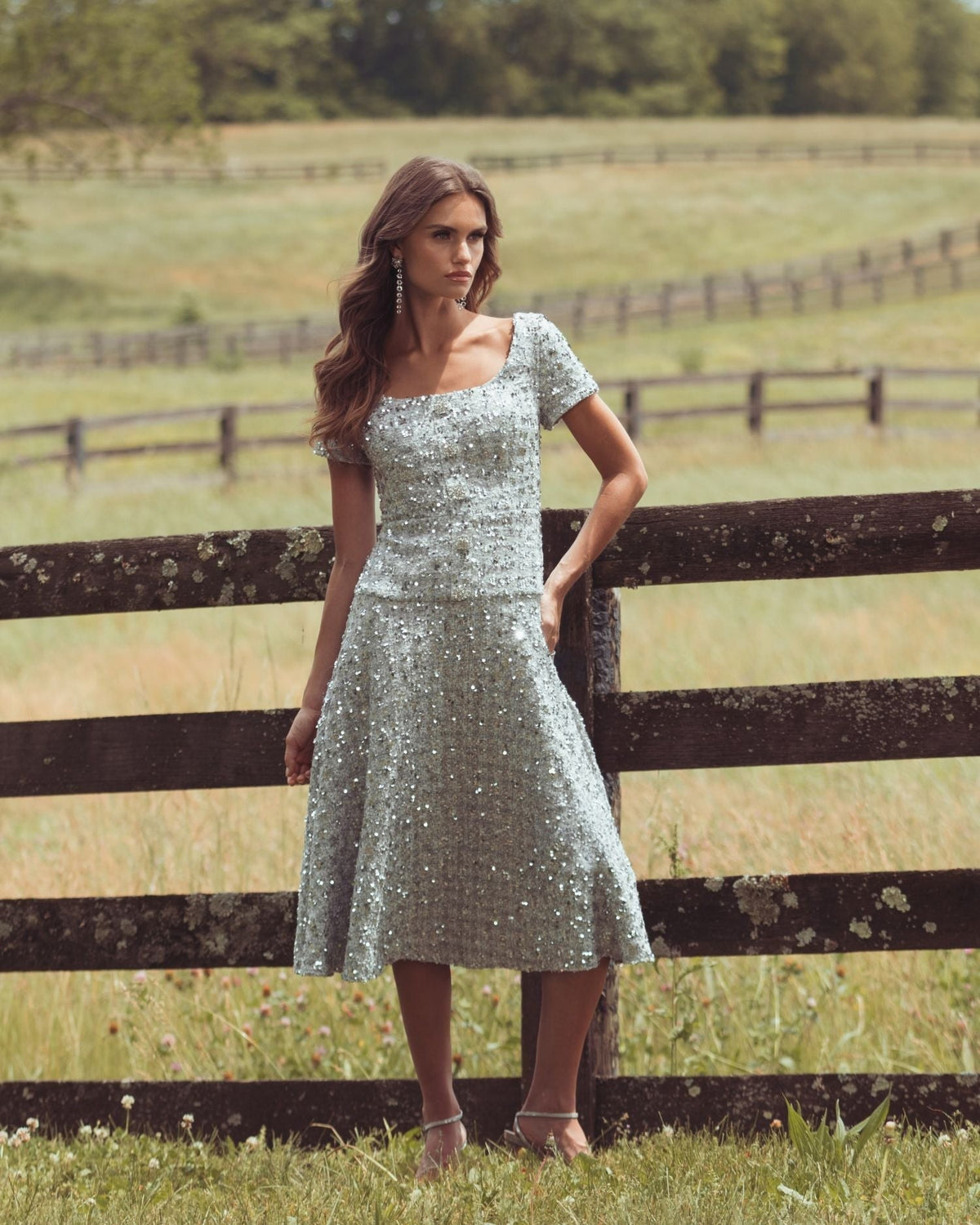 Platinum Sequin Button Up Boucle Midi Dress